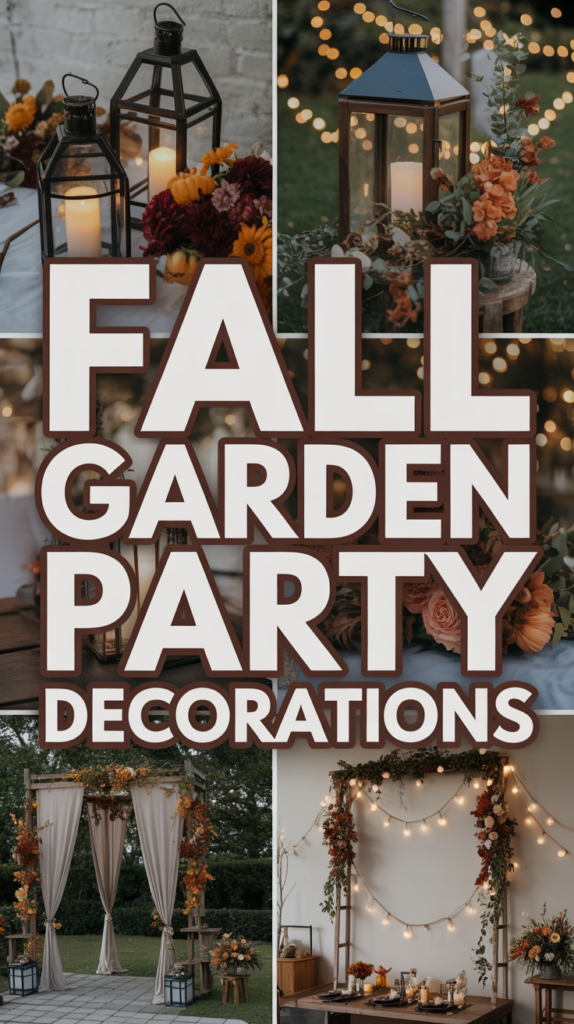 Collage of fall-themed garden party decorations, featuring flowers, lanterns, and string lights.