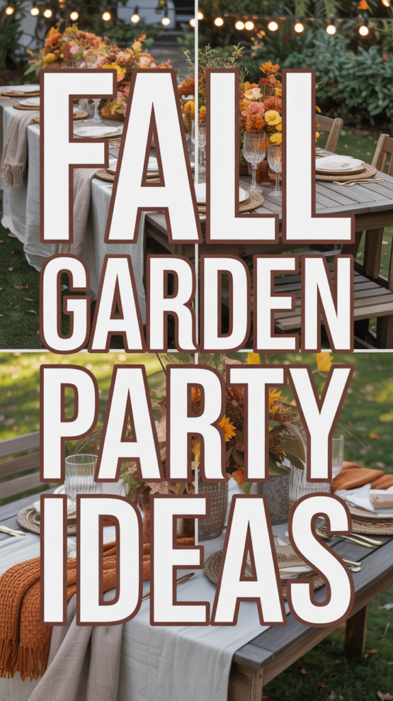 A beautifully set outdoor table with autumn-themed decor and the words "Fall Garden Party Ideas" overlaid.