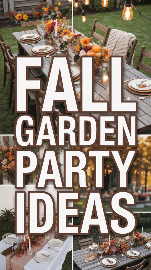 Collage of fall-themed garden party setups with tables decorated in autumn colors and string lights.