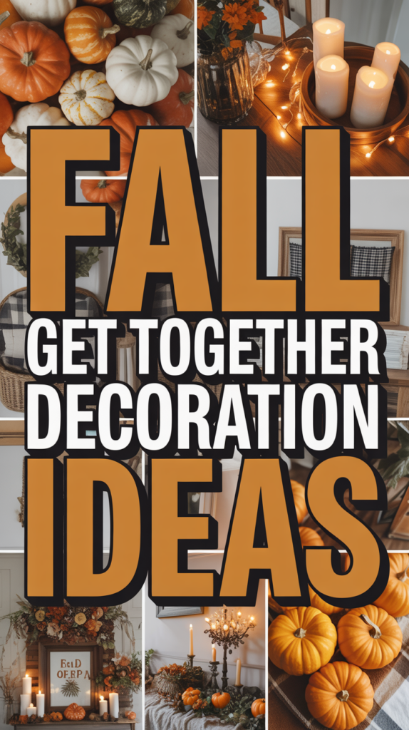 Collage with fall-themed decor items like pumpkins, candles, and floral arrangements surrounding the text "Fall Get Together Decoration Ideas."