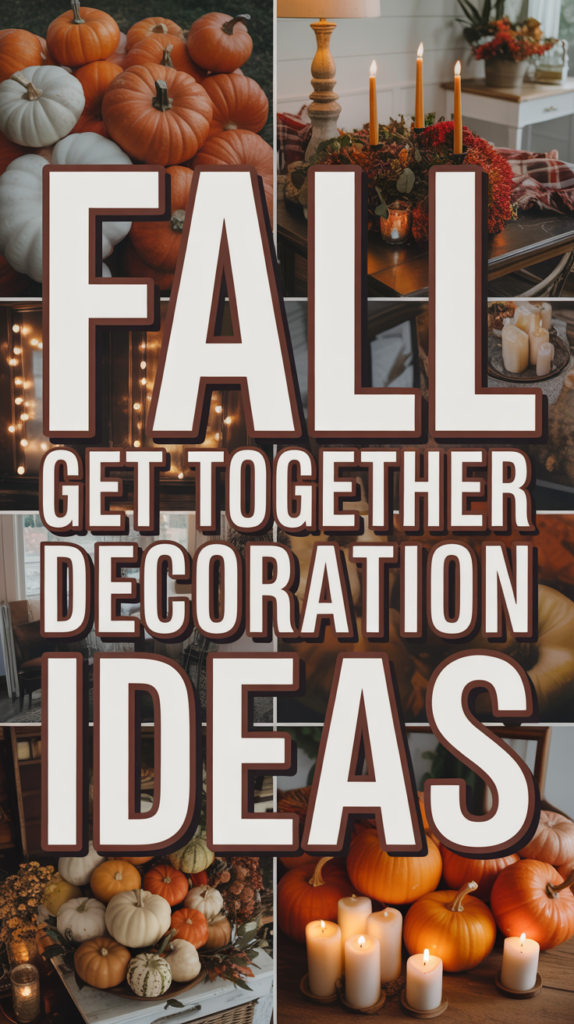 Collage showing pumpkins, candles, and string lights with text "Fall Get Together Decoration Ideas."