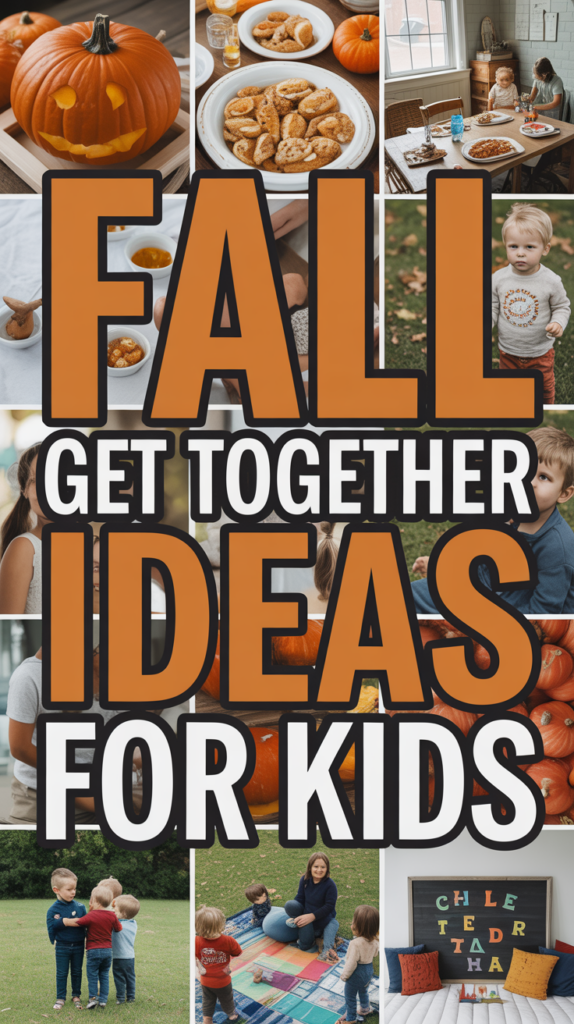Collage of children enjoying fall activities like eating snacks, decorating pumpkins, and playing outdoors, with the text "Fall Get Together Ideas for Kids."