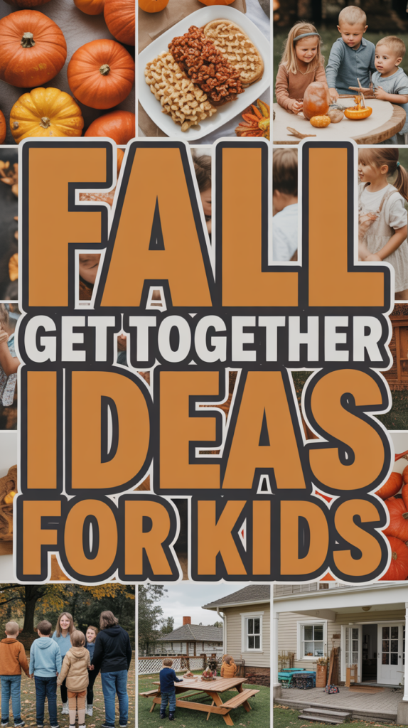 Collage of fall-themed images with kids, pumpkins, and waffles, featuring the text "Fall Get Together Ideas for Kids."
