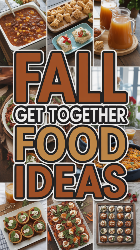 Collage of autumn-themed dishes, including soups, pastries, and drinks, around the text "Fall Get Together Food Ideas".