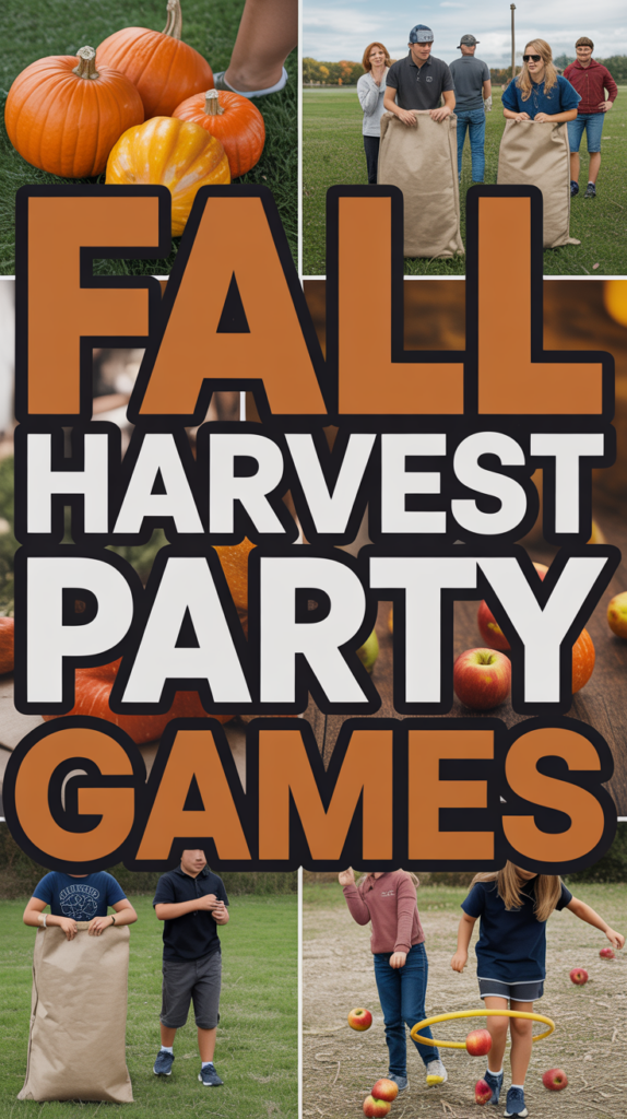 Collage of people playing sack and ring toss games, with pumpkins and apples, featuring the text "Fall Harvest Party Games."
