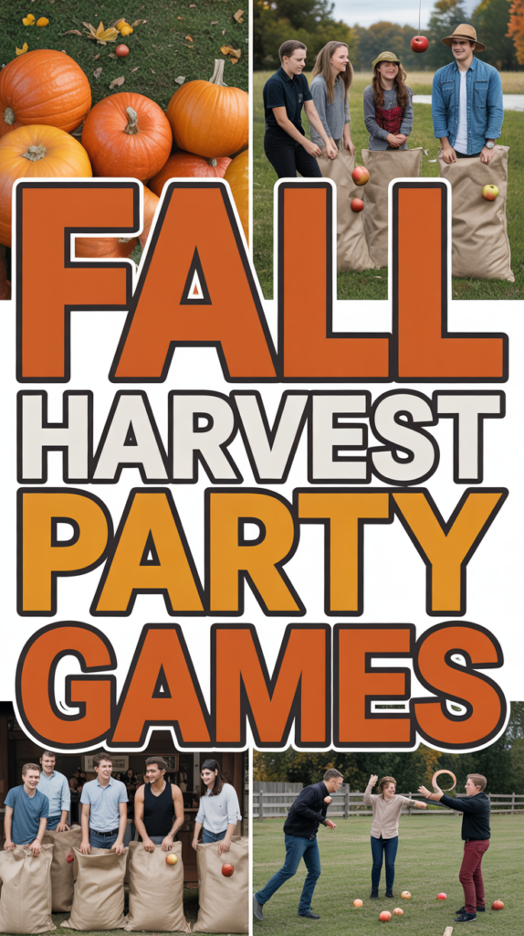Collage with pumpkins, people playing sack races, and the text "Fall Harvest Party Games".