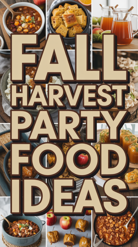 Various images of fall-themed dishes and drinks surround bold text reading "Fall Harvest Party Food Ideas."