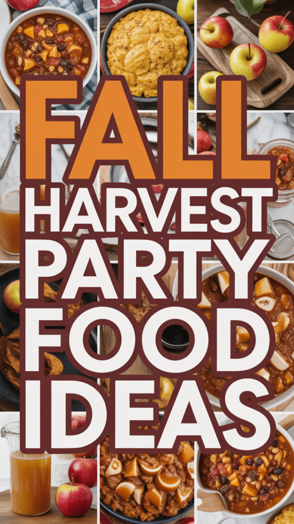 Collage featuring fall foods like stews, apples, and drinks, with bold text "Fall Harvest Party Food Ideas."