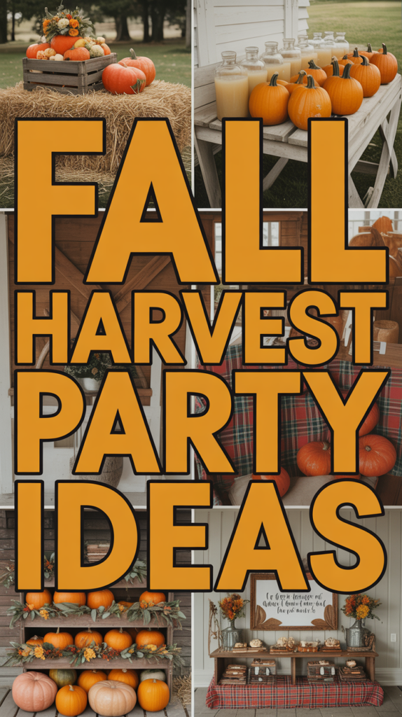 Collage of fall-themed decorations with pumpkins, hay, and a sign reading "Fall Harvest Party Ideas."