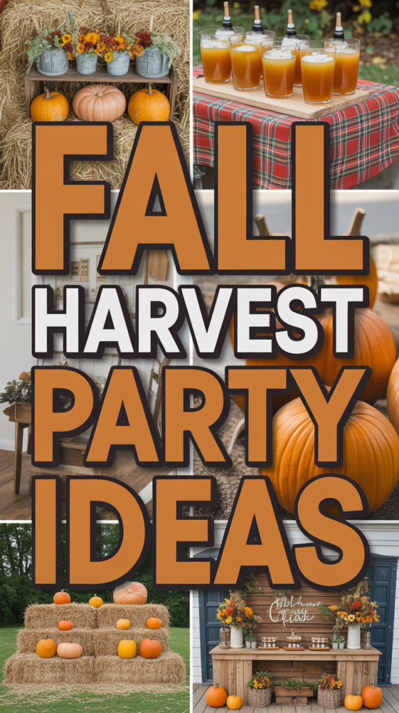 Collage featuring fall harvest party ideas including pumpkins, apple cider, hay bales, and autumn decor.