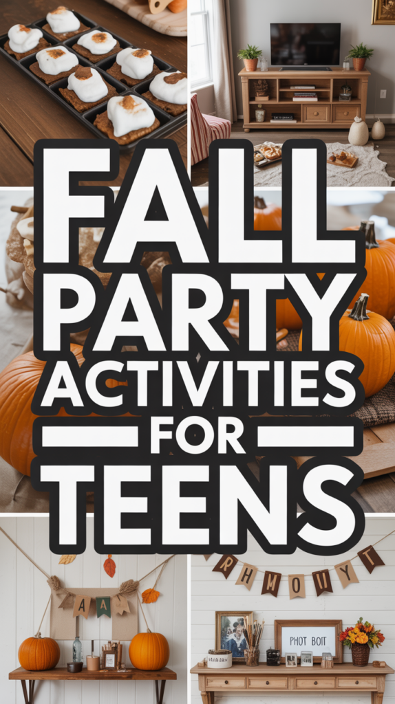 Collage of fall party activities with pumpkins, desserts, a cozy living room, and decorative banners.