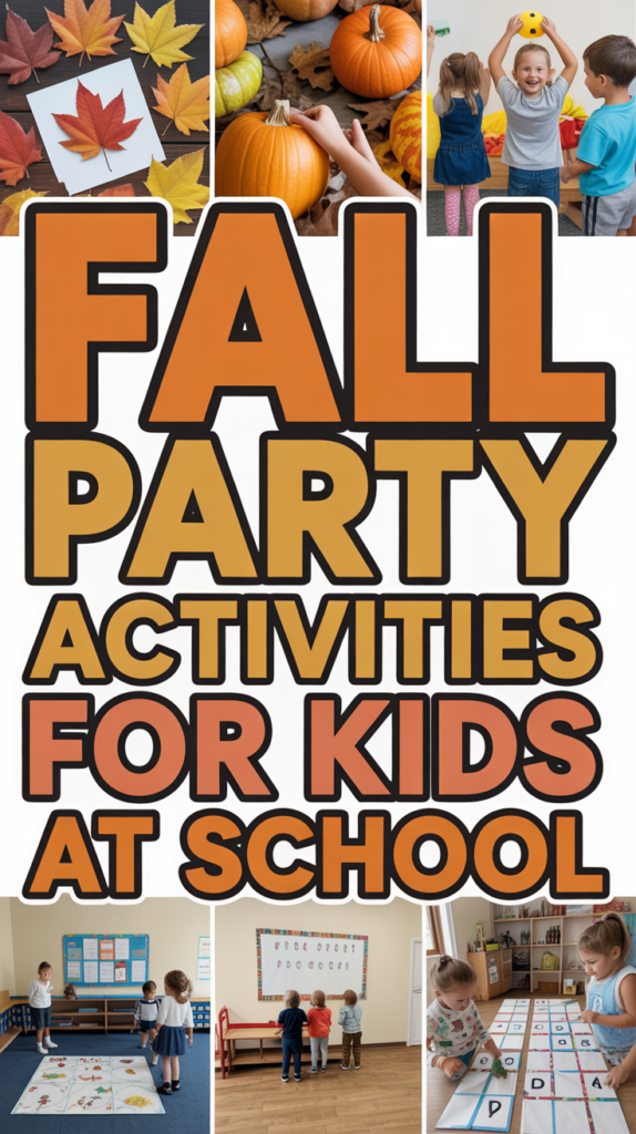 Collage showing fall leaves, pumpkins, and children engaged in various school activities with a "Fall Party Activities for Kids at School" headline.