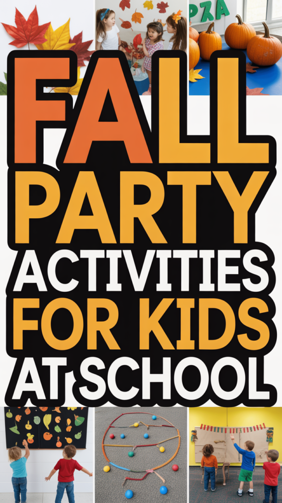 Poster showing "Fall Party Activities for Kids at School" with images of children playing and pumpkins in the fall theme.