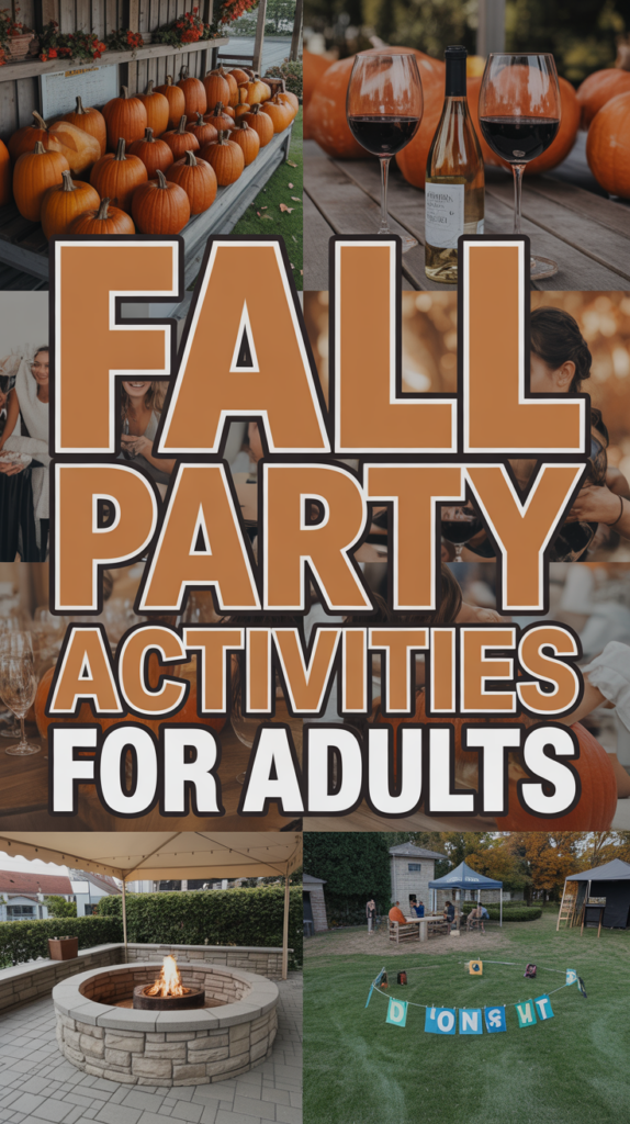 Collage of fall party elements including pumpkins, wine, and a fire pit, with bold text reading "Fall Party Activities for Adults."