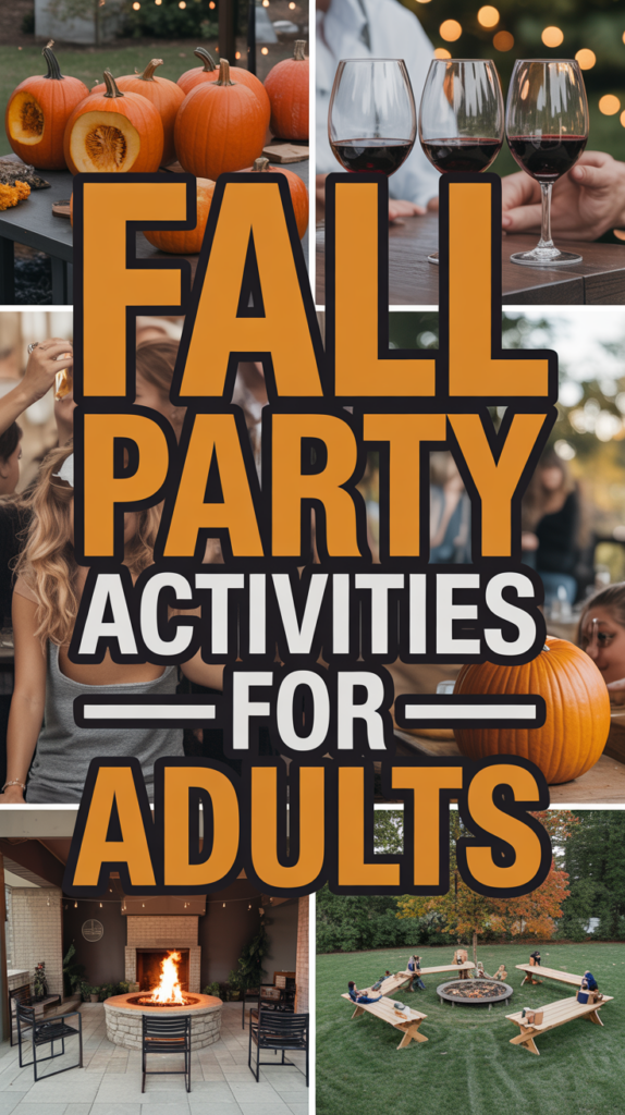 Collage of fall party activities, including pumpkin carving, wine tasting, and outdoor gatherings by a fire pit.