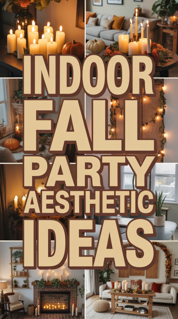 Collage of cozy indoor fall decorations with candles, pumpkins, and string lights, featuring text: "Indoor Fall Party Aesthetic Ideas."