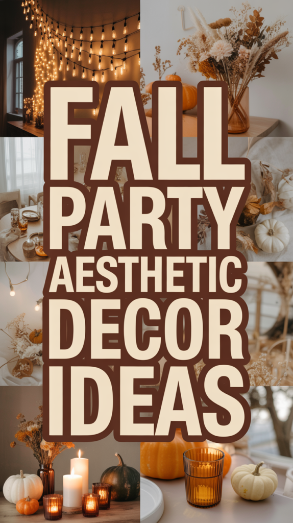 Collage of fall party decor ideas featuring pumpkins, candles, and autumn foliage with the text "Fall Party Aesthetic Decor Ideas."