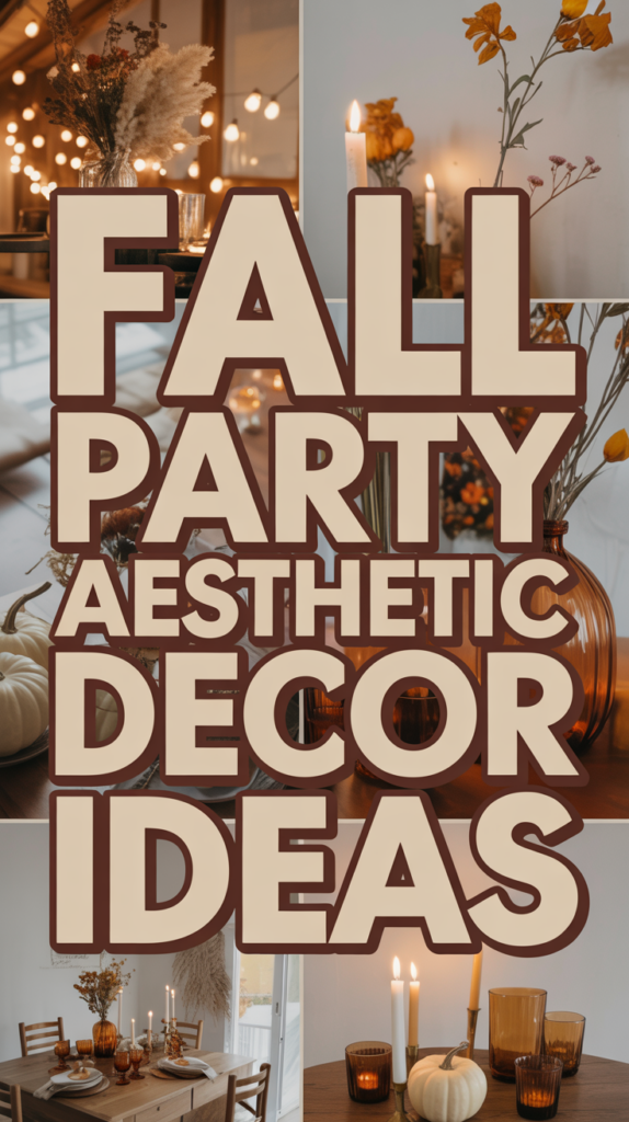 Collage of fall-themed party decorations with candles, pumpkins, and autumn flowers, overlaid with the text "Fall Party Aesthetic Decor Ideas."
