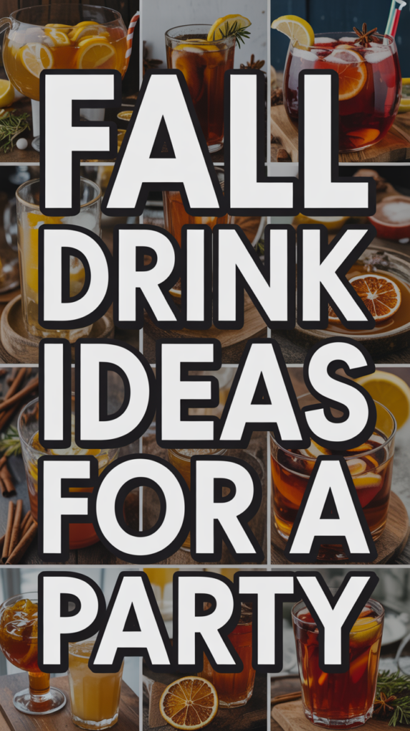 Collage of various fall drinks with text "Fall Drink Ideas for a Party" in bold white letters.