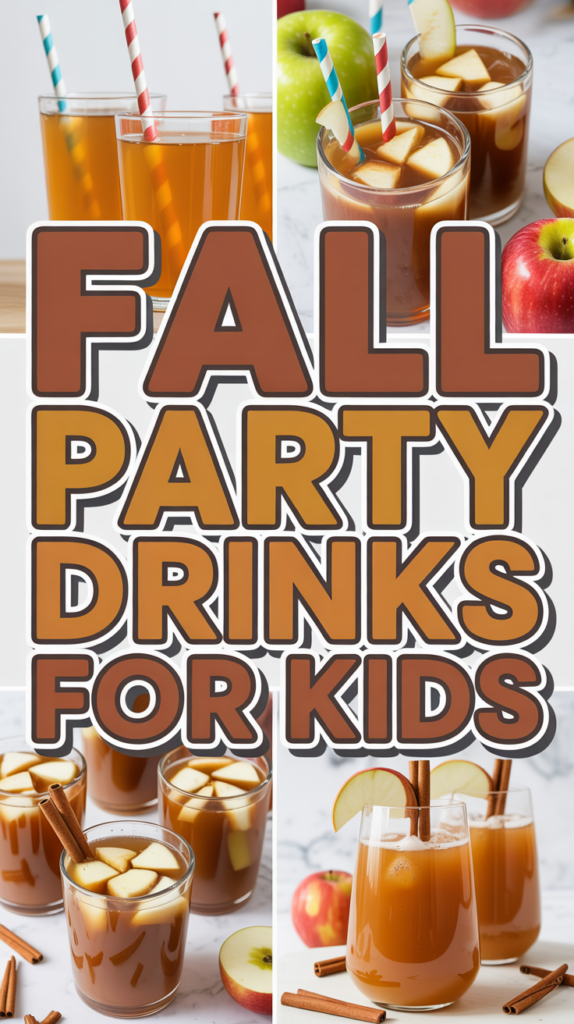 Festive fall-themed drinks for kids with apples and cinnamon, illustrated by various glasses and a "Fall Party Drinks for Kids" text overlay.