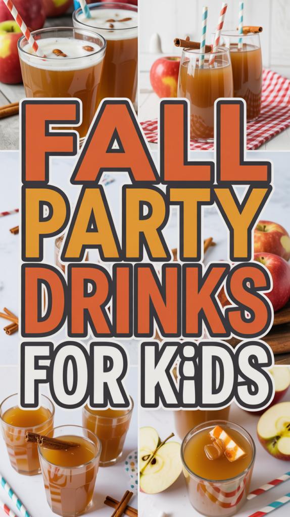 Collage of fall-themed drinks with apples, cinnamon sticks, and straws, titled "Fall Party Drinks for Kids."