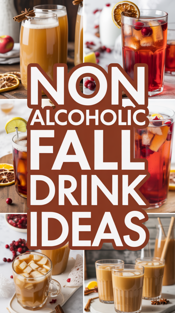 Collage of non-alcoholic fall drinks, including apple juice and cranberry beverages, with text "Non-Alcoholic Fall Drink Ideas."