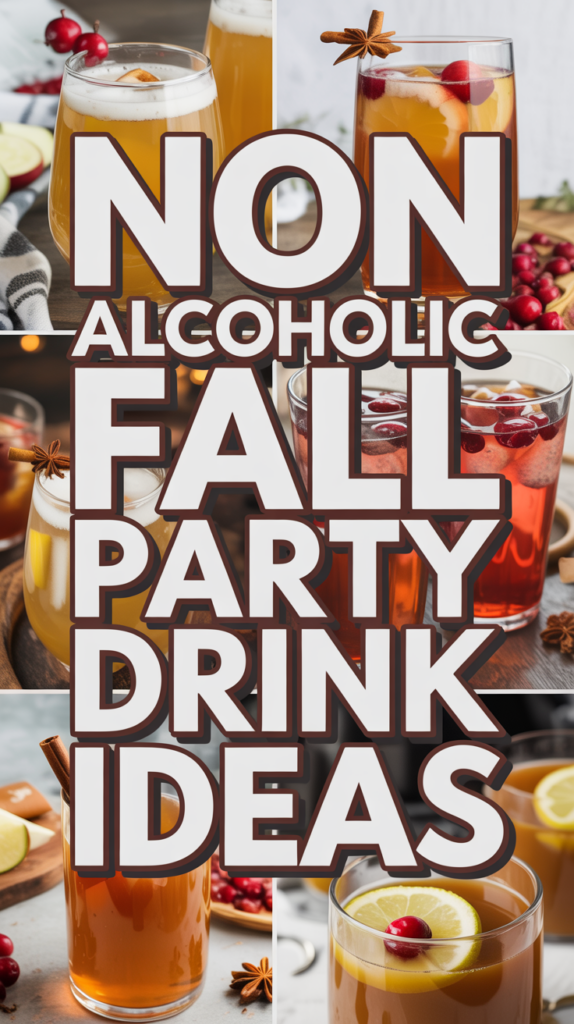 A collage of non-alcoholic fall drinks with garnishes like cranberries, lemon slices, and cinnamon sticks, surrounded by large text reading "Non-Alcoholic Fall Party Drink Ideas."