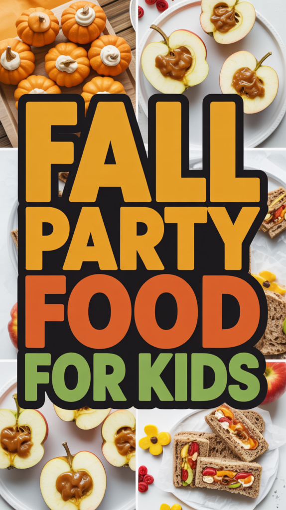 Colorful text reading "Fall Party Food for Kids" surrounded by images of pumpkin-shaped treats, caramel-dripped apple slices, and fun sandwiches.