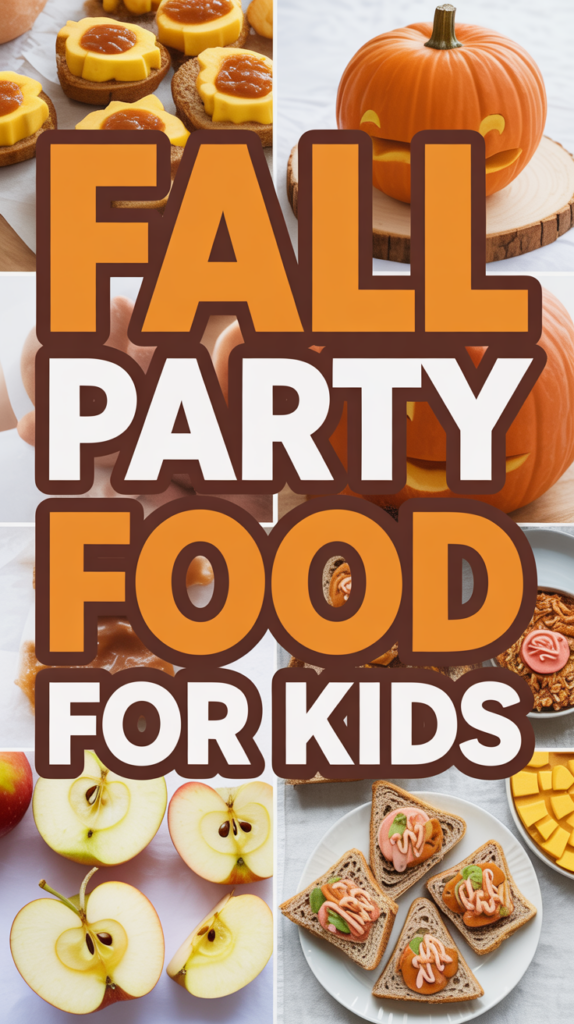 Collage of fall-themed foods for kids, featuring apples, creative sandwiches, and mini pumpkins.