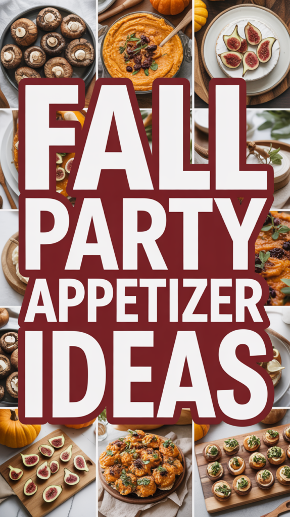 Collage of various fall appetizers, including stuffed mushrooms, a pumpkin dish, and fig-topped items, with text "Fall Party Appetizer Ideas."