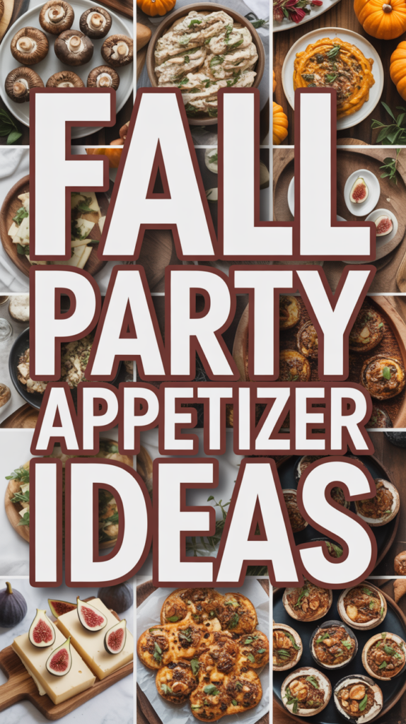 Collage of various fall appetizers surrounding bold text: "Fall Party Appetizer Ideas."