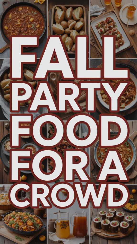 Collage of autumn-themed dishes like stew, rolls, and drinks with bold text "Fall Party Food for a Crowd."