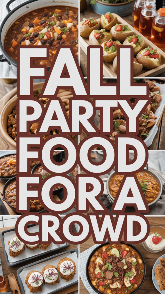 Collage of fall party foods including stew, loaded potato skins, spiced nuts, pumpkin soup, and caramel apple tarts.