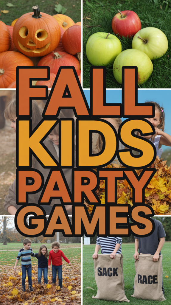 Collage of pumpkins, apples, kids playing in leaves, and a sack race with text "Fall Kids Party Games."