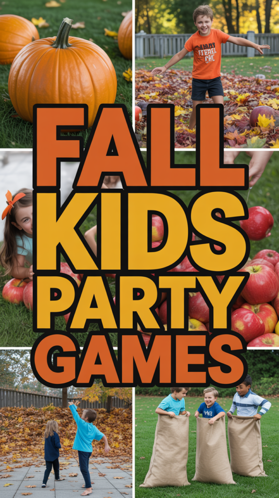 Collage of fall activities for kids including pumpkin, leaves, apples, and sack race with text "Fall Kids Party Games."