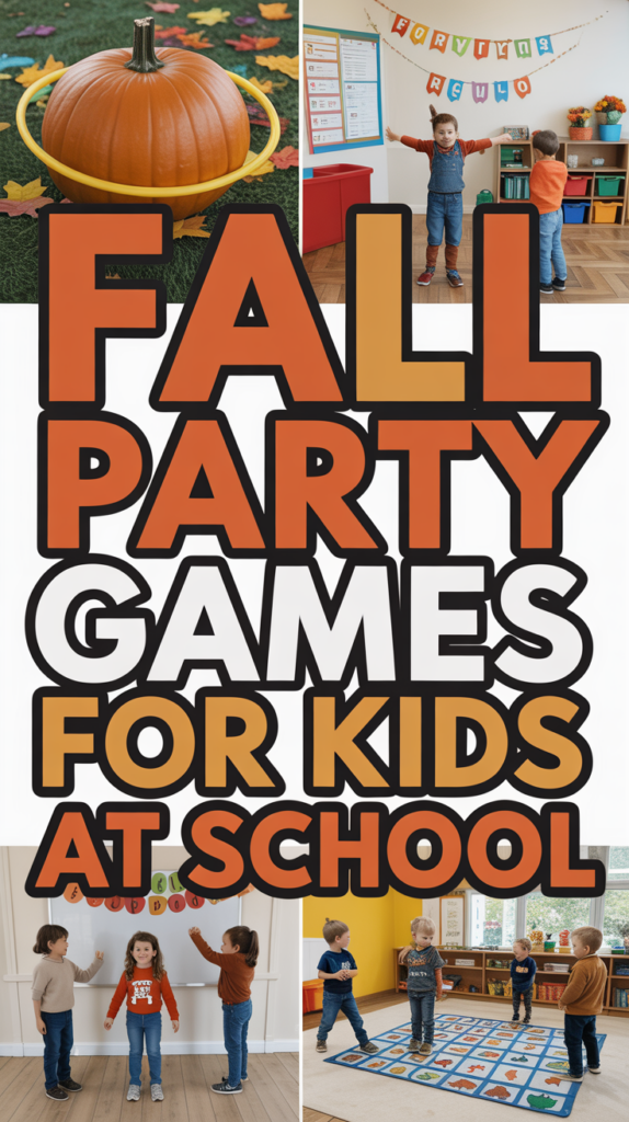 A collage of children playing games at a fall party, with autumn-themed decorations and text reading "Fall Party Games for Kids at School."