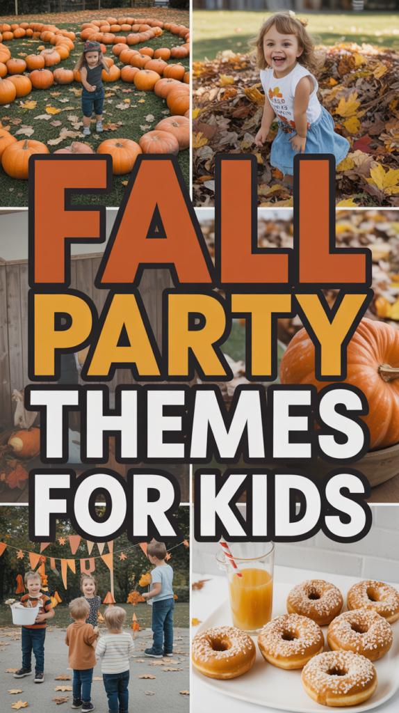Fall party for kids with pumpkins, children playing in autumn leaves, and donuts with juice displayed.