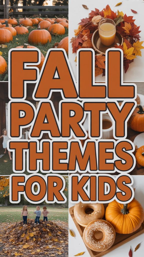 Collage featuring pumpkins, a wreath with a drink, children with autumn leaves, and donuts with a pumpkin, titled "Fall Party Themes for Kids."