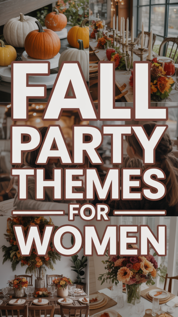 Fall party themes for women, featuring pumpkins, autumnal table settings, candles, and floral arrangements.