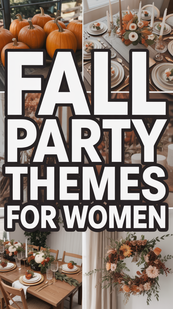 Collage of fall-themed table settings and decorations with pumpkins and autumn florals, overlaid with the text "Fall Party Themes for Women."