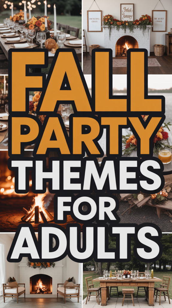 Collage of fall party themes with table settings, a fireplace, and outdoor seating, featuring bold text "Fall Party Themes for Adults."