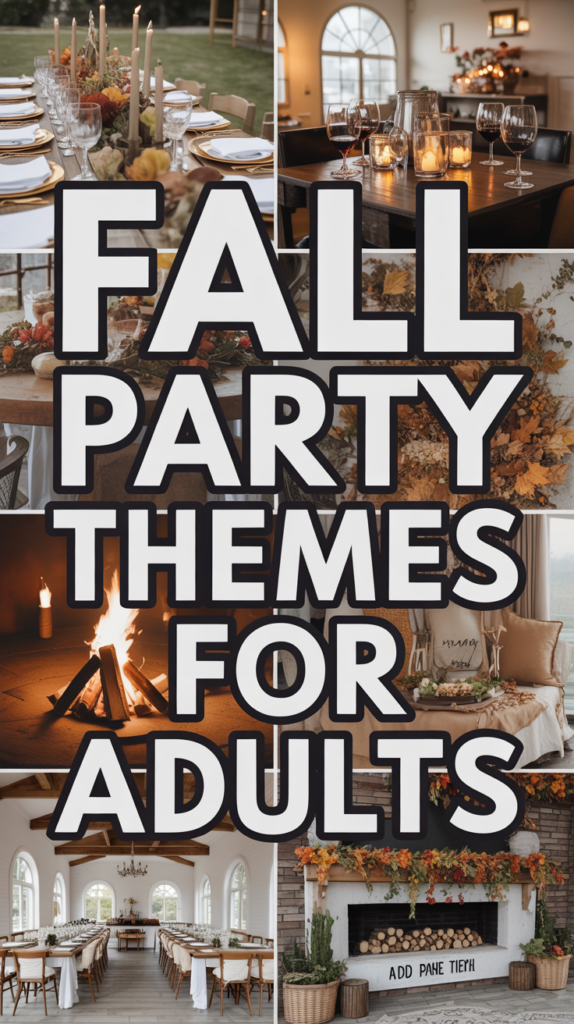 Collage of fall-themed party settings with text "FALL PARTY THEMES FOR ADULTS" overlaid in bold letters.