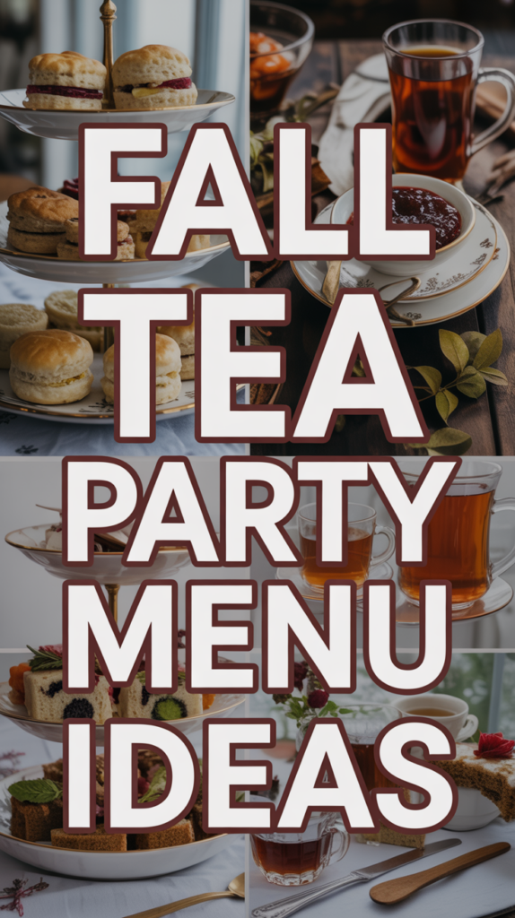 Collage of fall-themed tea party foods including scones, sandwiches, and cups of tea, with the text "Fall Tea Party Menu Ideas."