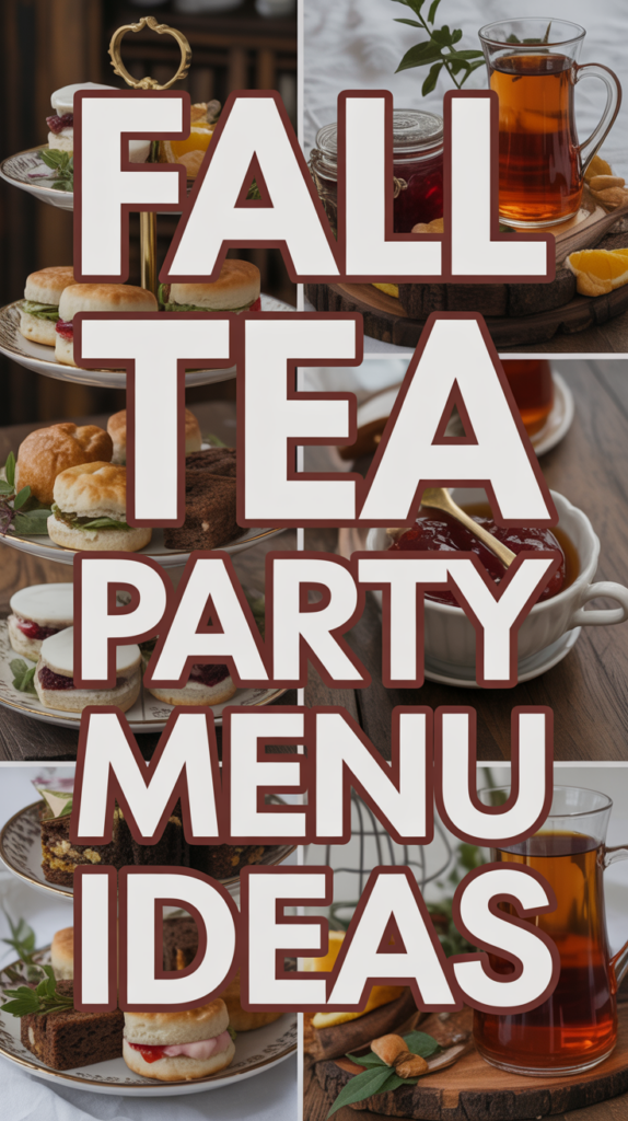 Collage of fall tea party treats with text "Fall Tea Party Menu Ideas," featuring scones, jam, and tea.