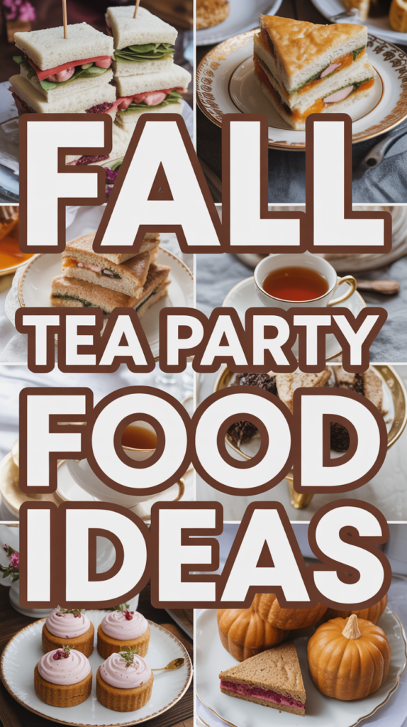 Sandwiches, cupcakes, pie slices, and a tea cup are arranged around the text "Fall Tea Party Food Ideas".