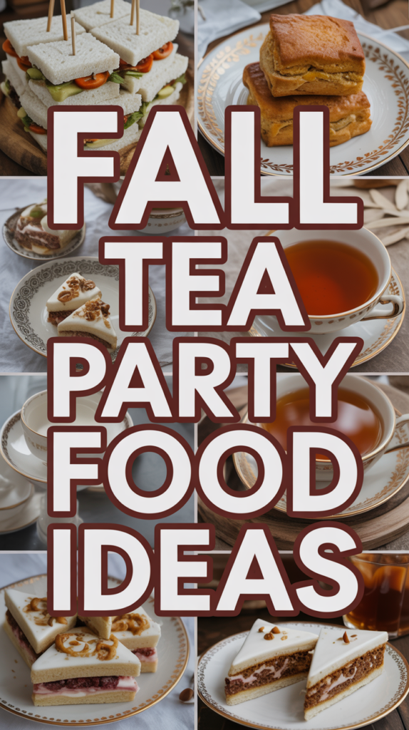 Assorted fall tea party foods, including sandwiches and pastries, arranged with a teacup of black tea. Text: "Fall Tea Party Food Ideas."