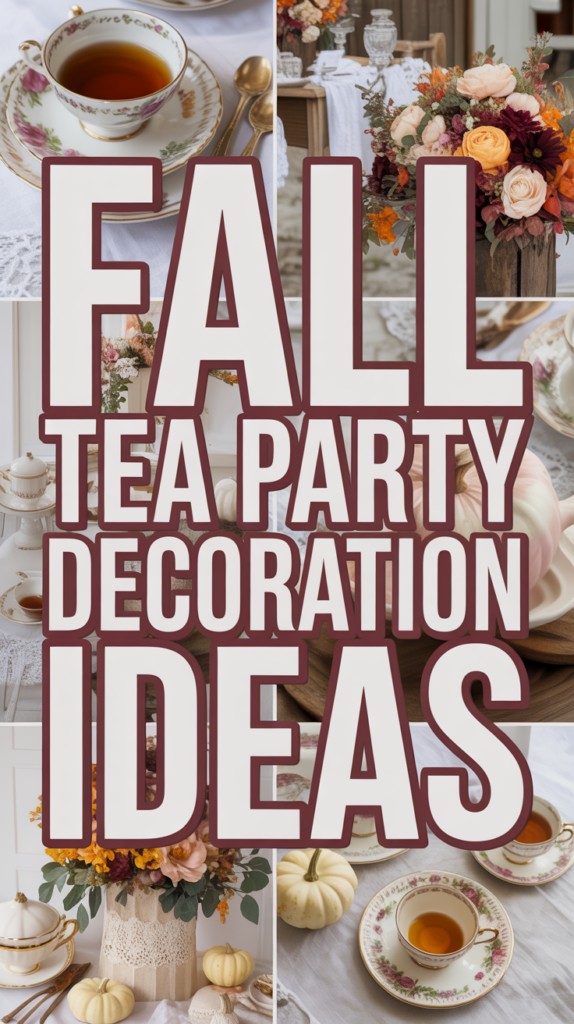 A collage of fall tea party decorations with flowers, teacups, pumpkins, and bold text saying "Fall Tea Party Decoration Ideas."