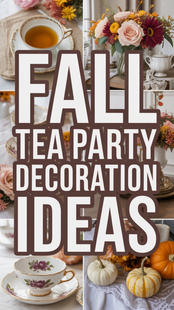 Collage of fall tea party decorations with flowers, teacups, and pumpkins, highlighting the text "Fall Tea Party Decoration Ideas."
