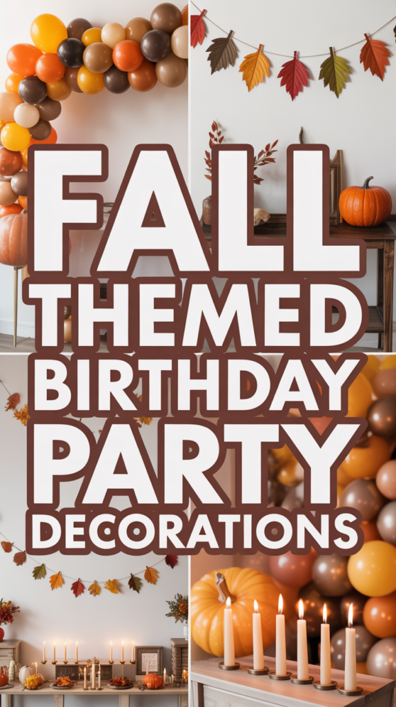 Fall-themed birthday party decorations with autumn leaves, pumpkins, candles, and a balloon arch in warm orange and brown hues.