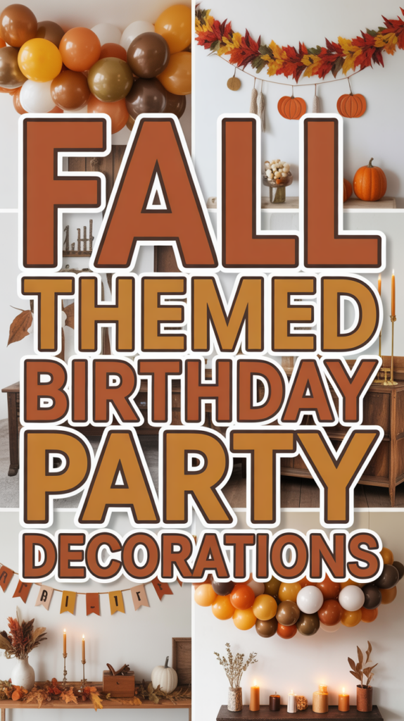 "Fall Themed Birthday Party Decorations" text with images of autumn-themed decor, including balloons, leaves, and pumpkins.